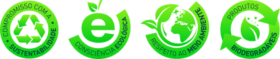 4 Selos: compromisso com a sustentabilidade, consciência ecológica, respeito ao meio ambiente e produtos biodegradáveis